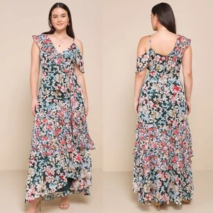 Lulus XXL Hunter Green Floral Chiffon Maxi Dress Flowy Tiered Wedding Guest Gown - Picture 1 of 12