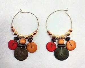 Granny Hippy Bohemian goldtone pierced hoop earrings about 1 1/2" almost 3" long - Picture 1 of 8