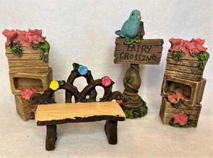 Fairy Garden Forest Miniatures 4PC Fairy Crossing Sign, Bench, 2 Floral Crates - Picture 1 of 2
