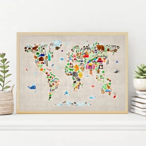 GLOBAL MAP KIDS 01 Home Wall Art Print Great Gift POSTER CANVAS - Picture 1 of 3