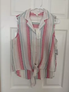 Beach Lunch Lounge Ladies Sleeveless Button-Up, Ties In Front, Stripe Top Size S - Picture 1 of 4