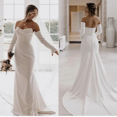 Exquisitos Vestidos de Novia de Sirena Sin Tirantes Mangas Largas Suave Satén Vestidos de Novia Foto 1 de 4