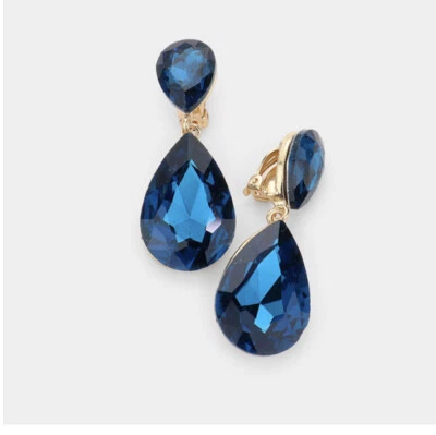 "Pendientes largos de lágrima de estrás de cristal austriaco azul verdoso con clip de 2""" Foto 1 de 2