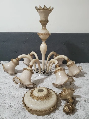 Vintage Antique Murano Glass 6 lamps NARCISSUS CHANDELIER 32" Beige Amber Italy Cover