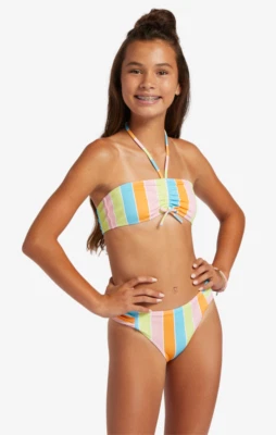 Roxy 14 Girls 2 Pc  Last In Paradise Bandeau Top Bikini Swimsuit Set Pink Blue - Image 1 of 2