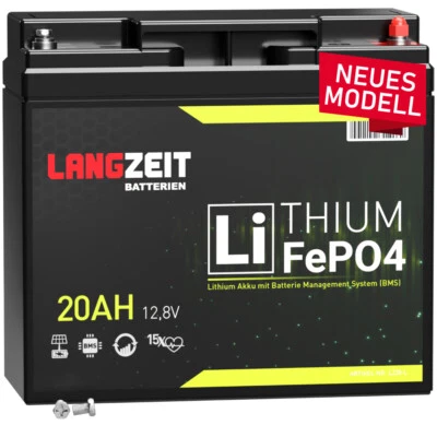 LANGZEIT BATTERIEN LiFePO4 20Ah 12V Akku LANGZEIT Lithium Batterie USV Boot Camping ers. 18Ah