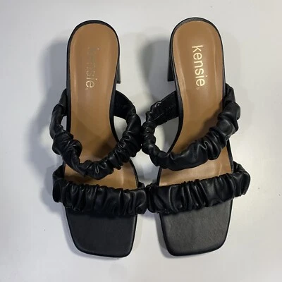 Kensie Mujer Hajari Talla 8n Negro Punta Abierta Borde Arrugado 2 Correas Deslizable Tacón Bloque Foto 1 de 4