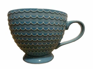 Embossed Signature Coffee Cup 14 oz Footed Wavy Blue Outer Geometric Inner - Picture 1 of 7