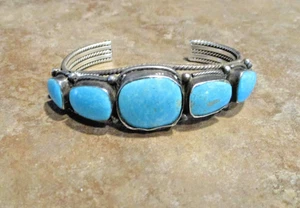 BLICKFANG!!  Vintage Navajo Sterling Silber FÜNF TÜRKIS Design Armband - Bild 1 von 16
