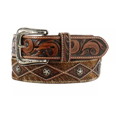 Ariat Men's Calf Hair Concho Tooled Leather Belt Brown, Choose Size 40/42/44/46 - Image 1 of 4