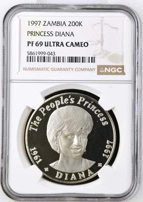 1997 Zambia 200 Kwacha Princess Diana Copper-Nickel Coin NGC PF 69 ULTRA CAMEO - Image 1 of 4