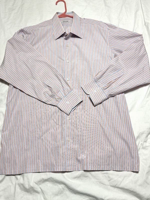 Camisa de vestir Charvet Paris para hombre grande 43/17 blanco melocotón y rayas azules Foto 1 de 4