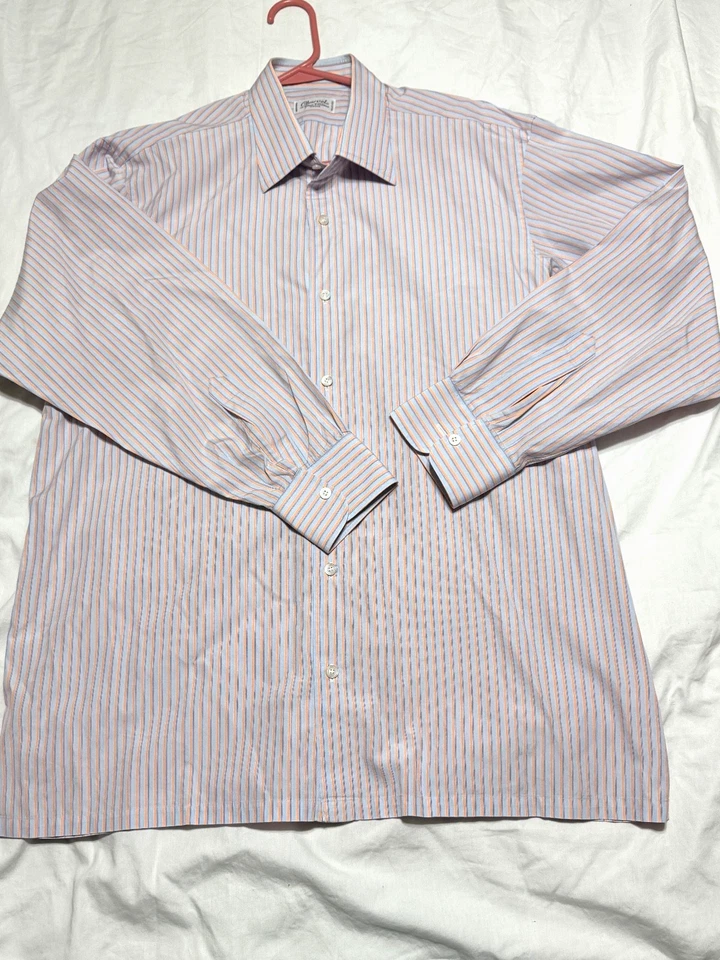 Camisa de vestir Charvet Paris para hombre grande 43/17 blanco melocotón y rayas azules Foto 1 de 4