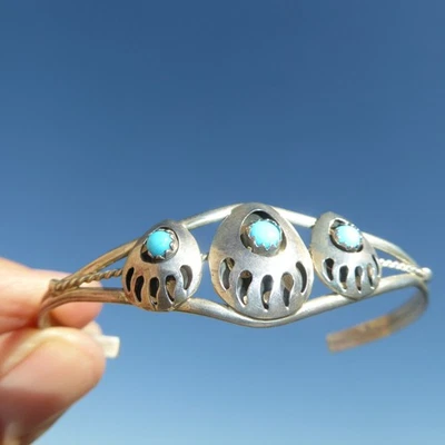 NATIVE AMERICAN STERLING 银色 TURQUOISE NAVAJO BEAR CLAW CUFF BRACELET 6 1/2 — 第 1/4 张图片