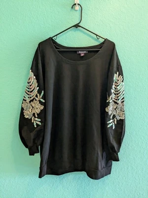 Moletom Roamans Feminino Plus Size L 18/20 Lantejoulas Floral Preto Pulôver Elástico - Imagem 1 de 4