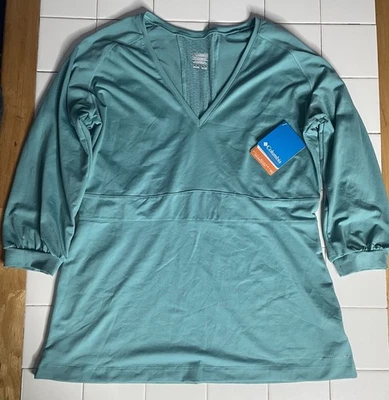 Blusa de viagem feminina Columbia titânio tânger verde/azul tamanho XL Omni Shade nova com etiquetas - Imagem 1 de 4