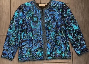 Vintage Laurence Kazar Beaded Sequin Jacket Blue Turquoise Small Beautiful Silk - Picture 1 of 3