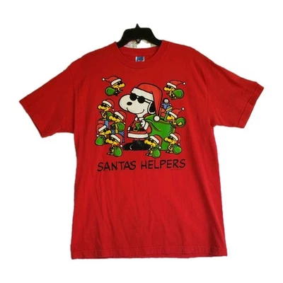 VTG Snoopy Peanuts Christmas T-Shirt Santa's Helpers Woodstock Elves Red Large  - Image 1 of 4