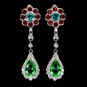 925 Sterling Silver Earrings Pear Green Topaz 12x8mm Red Topaz Gemstone Jewelry - Picture 1 of 13