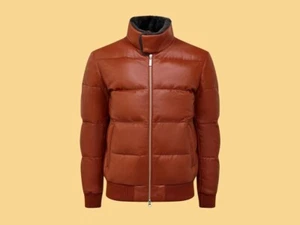 Mens Brown Puffer Quilted Genuine Leather Jacket Handmade Biker Leather C - Picture 1 of 6