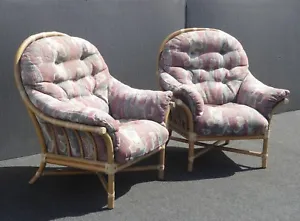 Pair of Vintage McGuire Bamboo Rattan Accent Lounge Chairs w Floral Cushions - Picture 1 of 12