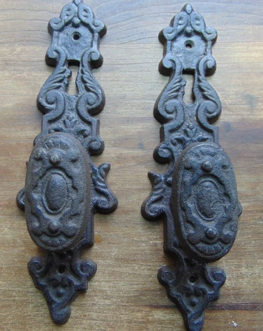 2 Cast Iron Garden Gate or Door Handles Architectural Hardware Ornate Cover