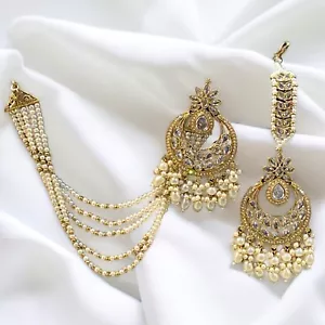 Beautiful Bahubali Polki Earings With Maangtikka Wholesale Kundan Jewelry Set - Picture 1 of 12