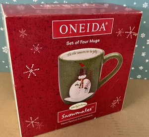 Oneida ~ 4"  SNOWMATES  MUGS ~ GREEN w/Snowman ~ Set of 4  - NEW IN BOX - Picture 1 of 12