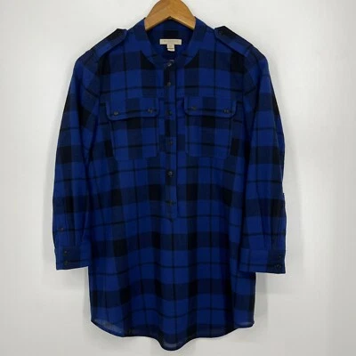 Blusa Burberry Brit túnica botão feminina S azul búfalo estampa xadrez 100% lã - Imagem 1 de 4