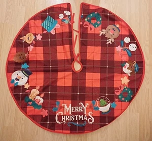 90cm Round Christmas Tree Skirt Red Tartan With Snowman etc Character Design - Picture 1 of 3