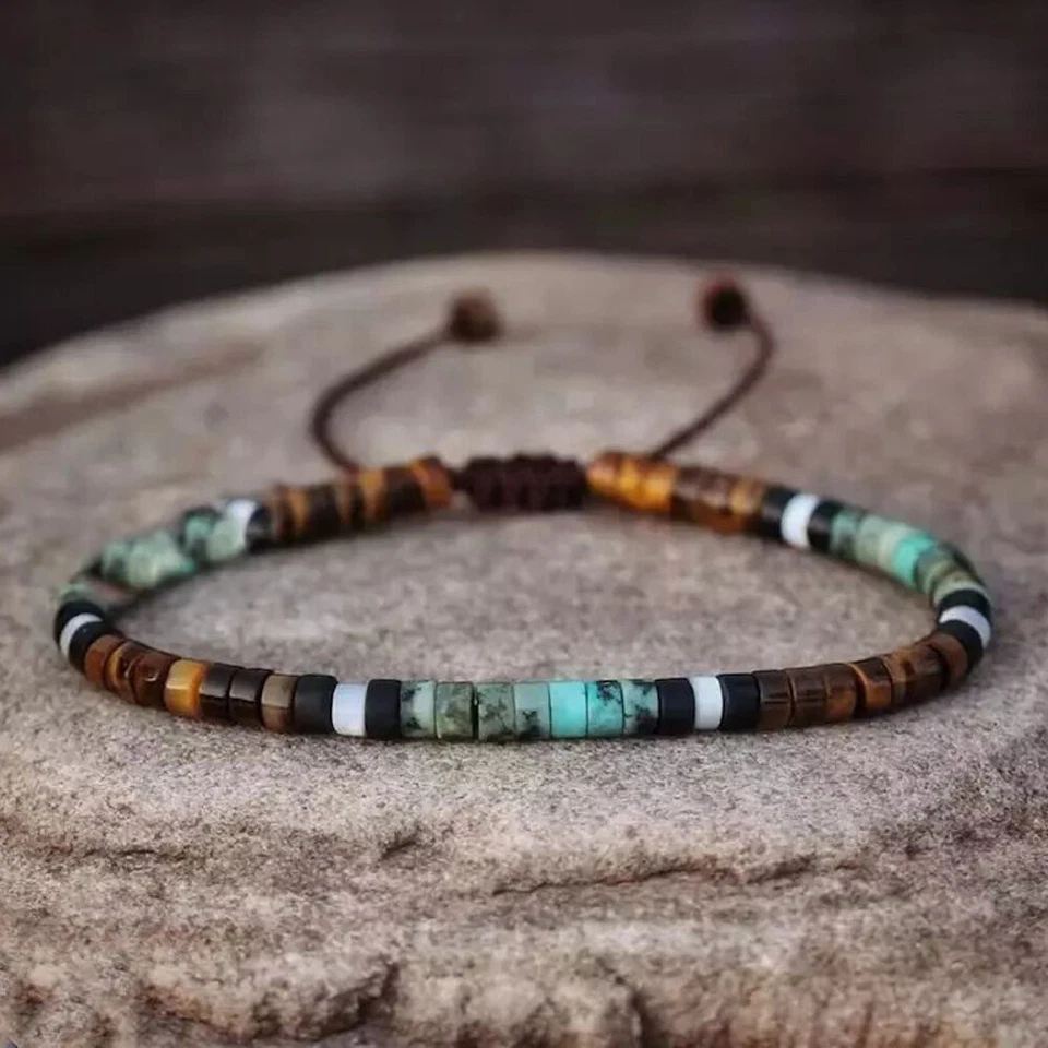 African Turquoise & Tiger Eye Beads Gemstone Healing Dainty Women Men Bracelet - Image 1 of 4