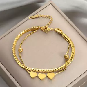 Womens 18K Gold Plated Stainless Steel Double Three Hearts Cuban Chain Bracelet - Picture 1 of 6