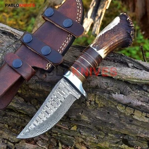 Handgeschmiedetes Damaststahl Jagdmesser Krone Hirschhorn + Palisandergriff - Bild 1 von 5