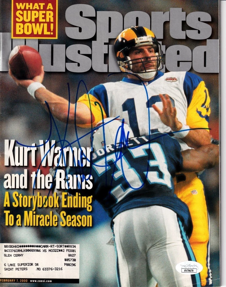 Kurt Warner signed Rams Super Bowl 34 Champions Sports Illustrated SI issue JSA - Image 1 of 1