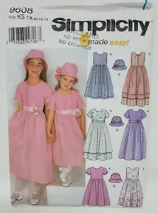Simplicity 9608 Girls Dresses 6 styles with Hat Sewing Pattern Formal sz 7-14 - Picture 1 of 3