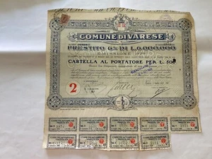 CERTIFICATO AZIONE COMUNE DI VARESE PRESTITO 6% 1929 SERIE TERZA N.3976. - Foto 1 di 2