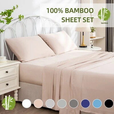 Premium 100% Bamboo Sheet Set Flat Fitted Pillowcases Sets S/KS/D/Q/K Luxury AUS - image 1 of 4