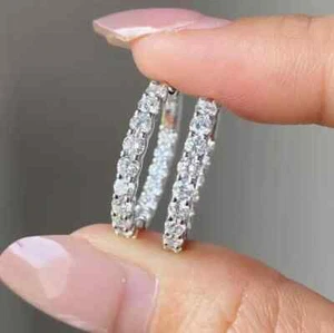 2 Ct Round Lab Created Diamond Inside Out Hoop Earrings 14K White Gold Finish - Picture 1 of 4