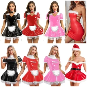 Women's Wet Look PVC Leather French Maid Costume Outfits Dress Apron Fancy AU - Picture 1 of 79