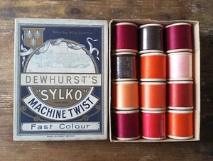 Vintage Box Dewhurst’s Sylko Machine Twist Cotton Reels Thread Red Orange Brown - Picture 1 of 8