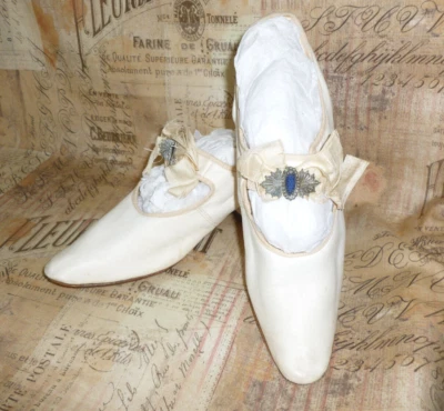 Antique Edwardian Shoes French Silk Steel Cut Rhinestone Buckle Wedding Slippers - Image 1 of 4