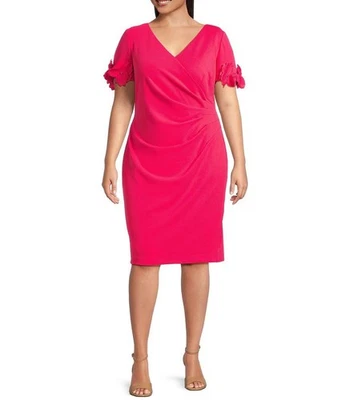 Adrianna Papell Plus Size 20 W Knit Crepe Short Embellished Sleeve Pink Dress - Image 1 of 4