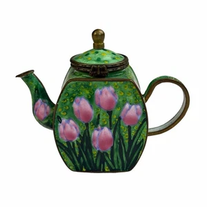 Vintage Kelvin Chen Emaille/Messing Miniatur Teekanne Tulpen, Königin der Nacht - Bild 1 von 17