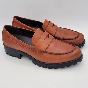 Ecco Modtray Womens 10 - 10.5 EU 41 Moc-Toe Penny Loafers Cognac Leather Lugsole - Picture 1 of 14