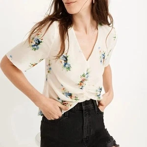 Madewell Floral Blouse Womens 4 Cream 100% Silk Shirred Front Classic Corsage - Bild 1 von 11