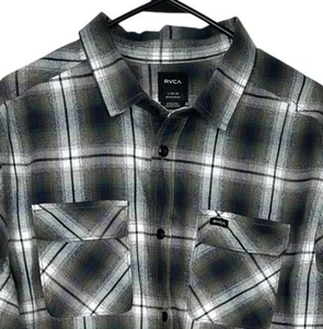 RVCA Men’s Black Flannel Shirt Regular Fit Plaid Button Up Long Sleeve LARGE - Picture 1 of 7