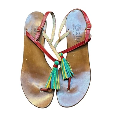 Golo Wedge Sandals Womens Size 10 Red Leather Tassel Ankle Strap Made in Italy - Image 1 of 4