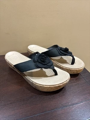 Crocs A-Leigh Womens Size 11 Cork Wedge Black Flip Flops Thong Sandals Leather - Image 1 of 4