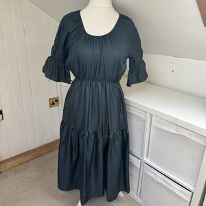 Wyse Dress Size 2 UK 10 Dark Green 100% Silk Tiered Midi Ruffled Sleeve - Picture 1 of 10