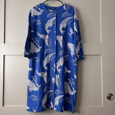 Whale Embroidered Midi Dress Women Medium Blue 3/4 Sleeve Button Up Humpback EUC - Image 1 of 4